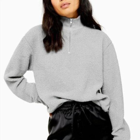 TopShop Gray Fuzzy Teddy Funnel Neck Pullover 1/4 Zip Sweatshirt 2 - Picture 1 of 4